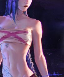  1girl absurdres arcane:_league_of_legends black_background blue_hair braid breasts chest_sarashi chinese_commentary cleavage cloud_tattoo commentary_request eyes_out_of_frame head_out_of_frame heibai_bangbing highres jinx_(league_of_legends) league_of_legends lipstick long_hair makeup navel nose red_lips sarashi signature solo stomach stomach_tattoo tattoo twin_braids twintails very_long_hair 