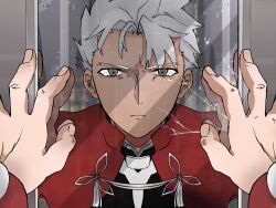  1boy archer_(fate) coat dark-skinned_male dark_skin emiya_shirou evezame fate_(series) grey_eyes highres looking_at_mirror male_focus mirror red_coat spiked_hair tan white_hair 