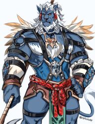  1boy absurdres animal_ears animal_nose artist_name bara biceps blue_fur broken_horn chest_hair closed_mouth feathers final_fantasy final_fantasy_x furry furry_male gauntlets graysheartart hand_on_own_hip highres holding holding_polearm holding_weapon horns kimahri_ronso looking_to_the_side male_focus muscular muscular_male polearm ronso single_horn tail twitter_username weapon white_hair 