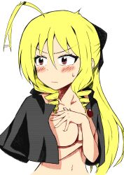 1girl ahoge blonde_hair blush bow breasts cleavage collarbone colorized covering_breasts covering_privates drill_hair hair_bow hayate_no_gotoku! highres jewelry large_breasts long_hair medium_breasts navel nude red_eyes shawl simple_background solo tennousu_athena upper_body white_background