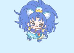  1girl animal_ear_fluff animal_ears animal_shoes aqua_socks aqua_thighhighs asymmetrical_legwear big_hair blue_background blue_boots blue_bow blue_eyes blue_hair blue_jacket blue_skirt blue_theme boots bow bow_skirt bubble_skirt buttons chibi closed_mouth crown crown_earrings cure_gelato dot_nose earrings extra_ears eyelashes food food-themed_clothes food-themed_hat_ornament food_print frilled_skirt frills fur-trimmed_gloves fur-trimmed_jacket fur_trim gloves happy hat_ornament heart heart_print ice_cream ice_cream_cone ichigo_usuhana jacket jewelry kirakira_precure_a_la_mode kneehighs light_blush lion_ears lion_girl lion_tail long_hair looking_at_viewer loose_thighhigh magical_girl mini_crown miniskirt outstretched_arms parted_bangs pink_bag precure short_sleeves simple_background single_kneehigh single_sock single_thighhigh skirt smile socks solo tail tareme tategami_aoi thighhighs two-tone_bag two-tone_skirt waist_bag white_skirt yellow_bag yellow_crown 