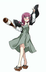  1girl arm_up bare_shoulders black_jacket black_nails blunt_bangs blush bocchi_the_rock! bottle bow closed_mouth collarbone dress fighting_game fingernails full_body geta green_bow green_dress hair_bow heel_up hiroi_kikuri holding holding_bottle jacket long_hair long_sleeves low-braided_long_hair low-tied_long_hair medium_dress multicolored_jacket nail_polish nose_blush off_shoulder open_clothes open_jacket pink_eyes pink_hair reiuji_utsuho sake_bottle simple_background smile solo toenail_polish toenails tongue tongue_out too_many_watermarks torako_(toramaru) touhou touhou_hisoutensoku twitter_username two-tone_dress two-tone_jacket watermark white_background white_jacket 