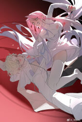 1boy 1girl alien_stage angry arm_cutout artist_name black_pants blonde_hair blood blood_on_clothes blood_on_hands blue_hair bruise bruise_on_face chinese_commentary clenched_hand clenched_teeth colored_eyelashes commentary_request dress forehead_jewel girl_on_top gradient_hair highres injury long_hair long_sleeves luka_(alien_stage) mizi_(alien_stage) multicolored_hair pants pink_hair punching red_background sandsawako shirt straddling tears teeth thighhighs two-tone_hair very_long_hair watermark weibo_watermark white_dress white_shirt white_thighhighs yellow_eyes