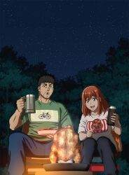  1boy 1girl :d anime_coloring beard_stubble black_hair black_pants blue_pants breasts brown_eyes camping_chair can chair chicken_(food) collarbone cup denim facial_hair folding_chair food futari_solo_camp green_eyes green_shirt highres holding holding_can holding_cup holding_food holding_skewer jeans key_visual kinokura_gen kusano_shizuku large_breasts looking_at_food meat medium_hair night official_art on_chair open_mouth outdoors pants print_shirt promotional_art red_hair shirt short_hair short_sleeves sitting skewer smile spread_legs star_(sky) stubble t-shirt tankard teeth textless_version tree upper_teeth_only very_short_hair white_shirt 