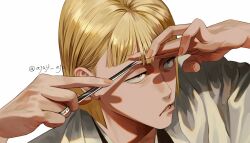  1boy ajuji_aju bleach blonde_hair blunt_bangs blunt_ends bob_cut brown_eyes cut_bangs cutting cutting_hair cutting_own_hair fingernails hand_in_own_hair haori highres hirako_shinji holding holding_own_hair holding_scissors japanese_clothes jewelry male_focus ring scissors short_hair simple_background solo teeth twitter_username white_background white_haori 