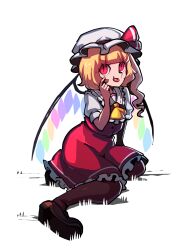  1girl ascot black_shoes blonde_hair brown_pantyhose collared_shirt crystal flandre_scarlet frilled_ascot frilled_shirt_collar frills hat hat_ribbon highres iganashi1 medium_hair mob_cap one-hour_drawing_challenge one_side_up pantyhose puffy_short_sleeves puffy_sleeves red_eyes red_skirt red_vest ribbon shirt shoes short_sleeves side_ponytail simple_background sitting skirt skirt_set solo tongue tongue_out touhou vest white_background wings yellow_ascot 