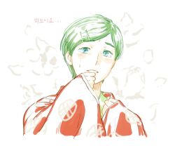  1girl bad_id bad_twitter_id blue_eyes blush commentary_request crying crying_with_eyes_open futsuu_no_keion-bu glub000 green_hair hair_ornament hairpin heian japanese_clothes kimono korean_commentary kouyama_rin looking_at_viewer parted_bangs parted_lips pixie_cut red_kimono short_hair simple_background sleeves_past_wrists solo tears translation_request upper_body white_background 