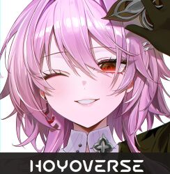  1girl ? absurdres black_flower black_gloves close-up commentary copyright_name earrings evernight_(honkai:_star_rail) flower gloves hair_between_eyes hair_flower hair_ornament hairclip highres honkai:_star_rail honkai_(series) jewelry march_7th_(honkai:_star_rail) medium_hair mihoyo_icon_parody official_alternate_costume official_alternate_eye_color one_eye_closed parallel_hairclips pibag pink_hair portrait red_eyes single_earring smile solo 