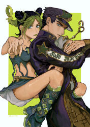  1boy 1girl absurdres aoiro0401 black_hair braid breasts bun_with_braided_base cone_hair_bun crop_top double_bun father_and_daughter green_hair green_lips hair_bun hat highres jojo_no_kimyou_na_bouken kuujou_jolyne kuujou_joutarou lipstick makeup multicolored_hair smile star_(symbol) stone_ocean two-tone_hair 