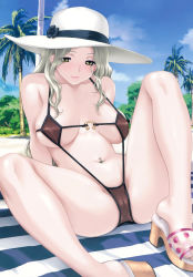 00s 1girl absurdres breasts cameltoe covered_erect_nipples female_focus freckles game_cg happoubi_jin hat highres large_breasts long_hair navel navel_piercing palm_tree piercing resort_boin sandals shinjou_kanae silver_hair slingshot_swimsuit solo spread_legs swimsuit tree yellow_eyes rating:Questionable score:116 user:spiderfan