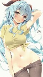  1girl arm_behind_head black_pantyhose blue_hair blush breasts clothes_pull crop_top ganyu_(genshin_impact) genshin_impact groin hand_in_own_hair highres horns long_hair looking_at_viewer midriff naughty_face navel navel_focus pantyhose pantyhose_pull shirt smile stomach tied_shirt white_background 