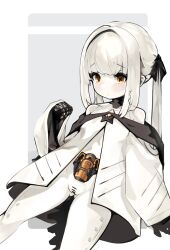  1girl absurdres artificial_vagina black_tail blue_archive bottomless censored colored_skin ein_(blue_archive) extra_pupils female_focus flat_chest fromoutremer highres loli long_hair long_sleeves mechanical_hands mechanical_pussy mechanical_tail navel pussy sex_toy simple_background solo symbol-shaped_pupils tail twintails white_hair white_skin x-shaped_pupils yellow_eyes 