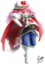  1girl ace_(playing_card) ace_of_hearts animal_ears belt blue_eyes blue_pants brown_belt cape card commentary_request full_body gradient_tail heart highres knight leg_up lips looking_at_viewer original pants pink_hair playing_card red_cape red_tail shoes signature simple_background solo takatun223 white_background white_shoes 