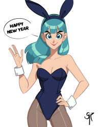  1girl animal_ears aqua_eyes aqua_hair artist_name blue_leotard breasts bulma cleavage collarbone commentary contrapposto cowboy_shot dragon_ball english_commentary english_text fake_animal_ears galmesh_rosewood hand_on_own_hip happy_new_year highleg highleg_leotard highres large_breasts leotard long_hair looking_at_viewer new_year pantyhose playboy_bunny rabbit_ears simple_background smile solo strapless strapless_leotard white_background white_wrist_cuffs wrist_cuffs 