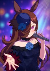  1girl absurdres animal_ears blush brown_hair dress flower highres holding holding_microphone horse_ears horse_girl long_hair looking_at_viewer mfcrossfire microphone music rice_shower_(umamusume) singing smile stage umamusume 