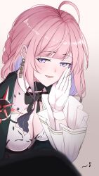  1girl arknights black_coat bow bowtie breasts center_opening cleavage close-up coat collar colored_inner_hair earrings gloves hakuryu02 half-closed_eyes hand_on_own_cheek hand_on_own_face hand_up highres jewelry long_hair looking_at_viewer lucilla_(arknights) multicolored_hair open_clothes open_coat parted_lips pink_hair purple_eyes smile upper_body white_collar 