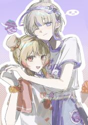  2girls ben-day_dots blonde_hair brush_stroke double_bun gradient_background hair_bun hand_on_another&#039;s_hand highres hololive hololive_dev_is holonatsu_paradise kuukip looking_at_viewer multiple_girls official_alternate_costume official_alternate_hairstyle one_eye_closed open_mouth otonose_kanade otonose_kanade_(holonatsu_paradise) outline purple_background purple_eyes purple_hair purple_nails red_eyes screentones scrunchie shirt short_hair short_sleeves simple_background sketch smile t-shirt todoroki_hajime todoroki_hajime_(holonatsu_paradise) virtual_youtuber visor_cap white_shirt yuri 