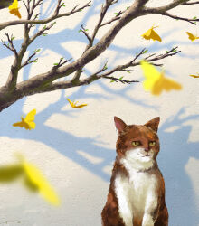 animal branch bug butterfly cat day highres insect kashimuraito no_humans orange_cat orange_fur original outdoors shadow yellow_butterfly 