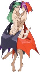 2girls absurdres arm_grab asymmetrical_docking barefoot bat_wings bengus blunt_bangs breast_press breasts capcom demon_girl eye_contact feet female_focus fingernails flat_chest foreshortening green_eyes green_hair head_wings highres incest large_breasts leg_lift lilith_(darkstalkers) long_fingernails long_hair looking_at_another morrigan_aensland multiple_girls nude official_art profile purple_hair red_eyes short_hair siblings sideboob simple_background sisters smile soles standing standing_on_one_leg tiptoes darkstalkers wings yuri rating:Questionable score:116 user:danbooru