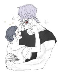  1boy 1girl absurdres arms_up blush claws commentary_request covered_eyes crew_neck cropped_torso double_bun extra_teeth fangs fingernails hair_bun hair_over_eyes highres hug korean_commentary kpop_demon_hunters looking_at_another looking_up mystery_(kpop_demon_hunter) opal_on_sheep open_mouth pointing shirt short_sleeves size_difference t-shirt teeth tongue white_background zoey_(kpop_demon_hunters) 