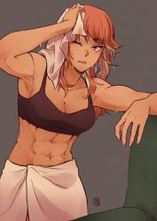 1girl abs armpits bra breasts cleavage commentary cowboy_shot english_commentary grey_background hololive hololive_english iskaydi long_hair looking_at_viewer muscular muscular_female navel one_eye_closed open_mouth orange_hair purple_eyes simple_background solo sweat takanashi_kiara tongue towel underwear virtual_youtuber watermark rating:Sensitive score:57 user:danbooru