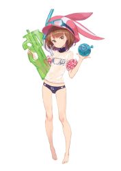 10s 1girl animal_hood bad_link barefoot bikini black_bikini blunt_bangs brown_hair bullpup collar collarbone diving_mask diving_mask_on_head feet female_focus flat_chest full_body glasses goggles goggles_on_head gun highres holding holding_gun holding_weapon hood inflatable_armbands kuroboshi_kouhaku llenn_(sao) loli long_hair p-chan_(p90) p-chan_(sao) p90 personal_defense_weapon pigeon-toed rabbit_hood see-through_clothes shirt simple_background snorkel solo standing submachine_gun swimsuit sword_art_online sword_art_online_alternative:_gun_gale_online tsurime water_balloon water_gun weapon wet wet_clothes wet_shirt white_background white_shirt rating:Questionable score:68 user:danbooru