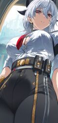  1girl absurdres belt black_horns black_pants breasts button_gap closed_mouth covered_navel cowboy_shot curled_horns earrings from_below frown hair_between_eyes hews high-waist_pants highres horns jewelry key_earrings large_breasts looking_at_viewer medium_hair mole mole_on_breast mole_under_eye necktie pants pouch red_eyes red_necktie shirt shirt_tucked_in simple_background sleeves_rolled_up solo standing taut_clothes tight_clothes tight_pants white_background white_shirt wuthering_waves zani_(wuthering_waves) 