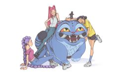  3girls animal animal_hug bare_shoulders black_hair black_shorts blue_pants blue_socks braid brown_eyes closed_eyes closed_mouth collared_shirt deepoetss demon denim double_bun extra_eyes fangs friends from_side glasses grey_shirt hair_bun hair_up happy hat highres hug jeans kpop_demon_hunters leaning_back leaning_on_animal leaning_to_the_side light_blush light_smile long_braid long_hair looking_down looking_to_the_side looking_up mira_(kpop_demon_hunters) multiple_girls off_shoulder open_mouth pants pink_hair pink_lips purple_hair purple_shirt rumi_(kpop_demon_hunters) shade shadow shirt shoes short_shorts short_sleeves shorts simple_background single_braid sitting sleeveless smile sneakers socks standing standing_on_one_leg tan twintails white_background yellow_shirt zoey_(kpop_demon_hunters) 