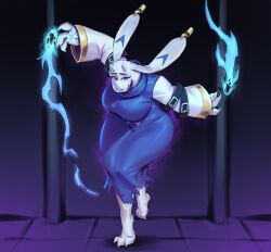  1girl absurdres adapted_costume alternate_costume animal_ear_piercing animal_ears arm_belt aura barefoot belly belt black_belt blue_dress blue_fire body_fur borrowed_design breasts claws curvy dark_aura dress fang fighting_stance fire fireball full_body furry furry_female goat_ears goat_girl goat_horns hands_up highres horns indoors large_breasts long_sleeves looking_at_viewer magic ocorvo_r open_mouth pink_eyes profile pyrokinesis redesign serious skin_fang standing standing_on_one_leg thick_thighs thighs toriel torn_clothes torn_dress turtleneck turtleneck_dress undertale v-shaped_eyebrows white_fur white_sleeves wide_hips wide_sleeves 