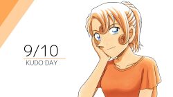  1girl blue_eyes brown_hair collarbone curly_hair date_pun dated elbow_rest gimlet-conan hand_on_own_chest high_ponytail highres kudou_yukiko looking_at_viewer looking_to_the_side meitantei_conan number_pun official_alternate_hairstyle official_style orange_shirt ponytail portrait shirt short_sleeves solo white_background 