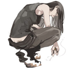  1girl ass bee bug butt_crack cigarette expressionless highres ikuhana_niiro insect looking_at_viewer pants shoes sneakers tag 