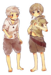  00s 1boy 1girl aged_down axis_powers_hetalia barefoot blush brown_hair child cross feet flat_chest hungary_(hetalia) jouji_(teeto) medieval prussia_(hetalia) puberty silver_hair simple_background sketch sweatdrop tomboy 
