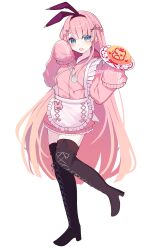  1girl :d absurdres alternate_costume apron arcaea black_boots blush boots bow braid clover_39 commentary_request enmaided food food_writing full_body green_eyes hair_bow hair_ornament hairband half_up_braid highres holding holding_plate holding_spoon jacket jersey_maid ketchup kou_(arcaea) lace-up_boots long_hair looking_at_viewer maid omelet omurice open_mouth pink_bow pink_jacket plate red_hairband sample_watermark simple_background sleeves_past_fingers sleeves_past_wrists smile solo spoon standing standing_on_one_leg thigh_boots track_jacket unconventional_maid very_long_hair waist_apron watermark white_apron white_background x_hair_ornament zipper zipper_pull_tab 