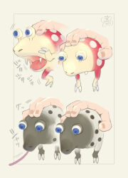  artist_name blue_eyes bulborb commentary_request creature creature_focus dokumushi-rock fang fang_out fangs fingernails grey_background holding holding_creature kicking long_tongue motion_lines multiple_views nintendo nostrils open_mouth pikmin_(series) polka_dot snout sound_effects tongue watermark whiptongue_bulborb 