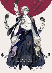  1boy 2022 2girls animal_ears blue_eyes blunt_bangs blush bow bukurote chinese_zodiac coat collarbone father_and_daughter full_body grey_hair hair_ornament hair_over_one_eye hairclip highres japanese_clothes kimono looking_at_viewer multiple_girls multiple_tails open_clothes open_coat original red_bow sandals tabi tail tail_bow tail_ornament tassel tiger_boy tiger_ears tiger_girl tiger_tail year_of_the_tiger zouri 
