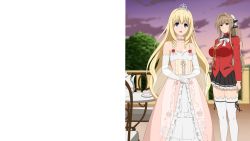 2girls amagi_brilliant_park animal_collar belt_collar blonde_hair blue_eyes blush breasts brown_eyes brown_hair collar cottage dress elbow_gloves feet_out_of_frame female_focus gloves hair_ribbon highres large_breasts latifa_fleuranza long_hair looking_at_viewer multiple_girls outdoors ribbon sento_isuzu skirt small_breasts smile standing tagme thighhighs tiara white_gloves white_legwear rating:Sensitive score:21 user:UltraPerv88