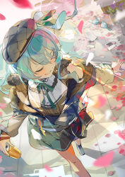  1girl absurdres bird black_skirt blue_hair can collared_shirt commentary_request day falling_petals from_above grey_hat hat highres holding holding_can hololive hoshimachi_suisei hoshimachi_suisei_(casual) jacket jierman long_hair official_alternate_costume open_clothes open_jacket open_mouth outdoors paper petals pleated_skirt shirt skirt solo tile_floor tiles virtual_youtuber 