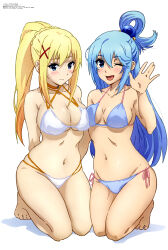  2girls absurdres aqua_(konosuba) bare_shoulders bikini blonde_hair blue_eyes blue_hair blush breast_press breasts choker cleavage darkness_(konosuba) female_focus hair_ornament hairclip highres kneeling kono_subarashii_sekai_ni_shukufuku_wo! large_breasts magazine_scan matching_hair/eyes medium_breasts megami_magazine midriff multi-strapped_bikini_bottom multiple_girls navel official_art one_eye_closed open_mouth orange_choker ponytail scan side-tie_bikini_bottom sideboob simple_background skindentation smile swimsuit symmetrical_docking thighs white_background wink x_hair_ornament  rating:Sensitive score:86 user:danbooru