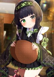  1girl absurdres apron black_eyes black_hair black_kimono black_skirt black_thighhighs blunt_bangs blurry blurry_background blush bob_cut bokeh bow closed_mouth clover_hair_ornament commission cowboy_shot depth_of_field floral_print four-leaf_clover_hair_ornament frilled_kimono frilled_sleeves frills green_bow green_eyes green_hairband green_ribbon green_scrunchie grey_eyes hair_ornament hairband heterochromia highres holding holding_tray indoors japanese_clothes kimono kimono_skirt lens_flare lolita_fashion long_hair long_sleeves looking_at_viewer maid neck_ribbon original pleated_skirt print_kimono ribbon scrunchie shiro9jira short_kimono skeb_commission skirt smile solo table thighhighs tray twintails wa_lolita wa_maid wide_sleeves wooden_floor 