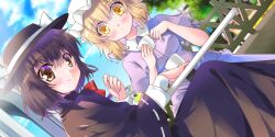  2girls black_capelet black_hat black_skirt blonde_hair blue_sky blurry blush bow breasts brown_eyes brown_hair capelet closed_mouth cloud commentary cup day depth_of_field dress english_commentary fedora game_cg hat hat_bow highres hinoue_itaru holding holding_cup long_sleeves looking_at_viewer maribel_hearn medium_hair mob_cap multiple_girls official_art outdoors purple_dress ribbon-trimmed_capelet ribbon_trim shirt sitting skirt sky smile table teacup third-party_source touhou touhou_lostword usami_renko white_bow white_hat white_shirt yellow_eyes 