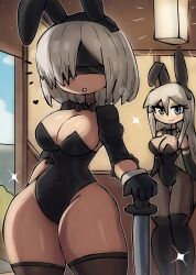  2b_(nier:automata) 2girls a2_(nier:automata) absurdres animal_ears black_bow black_bowtie black_gloves black_leotard black_pantyhose black_thighhighs blindfold blue_eyes bow bowtie breasts bush ceiling_light cleavage cloud detached_collar detached_sleeves fake_animal_ears garter_straps gloves grey_hair heart highres holding holding_sword holding_weapon large_breasts leotard long_hair long_sleeves looking_at_viewer multiple_girls nier:automata nier_(series) pantyhose parted_lips playboy_bunny puffy_sleeves rabbit_ears short_hair sky smile sparkle square_enix standing sword teeth thick_thighs thighhighs thighs tony_welt weapon wide_hips 