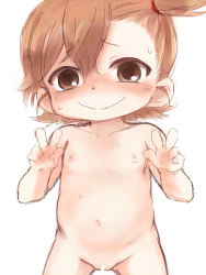  1girl barakamon belly blush censored completely_nude double_v female_focus flat_chest kotoishi_naru light_brown_hair loli looking_at_viewer nude pussy simple_background smile solo v white_background yuuge_(hangoban)  rating:Explicit score:64 user:bednorz
