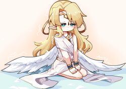  1girl absurdres angel angel_wings barefoot blonde_hair blue_eyes bracelet circlet clenched_hands closed_mouth commentary_request dhy-232 dress feathered_wings forehead_jewel gem highres ilias jewelry kneeling light_blush long_hair mon-musu_quest! mon-musu_quest:_paradox pointy_ears red_gemstone sad seiza simple_background sitting sleeveless solo trembling white_dress wings 