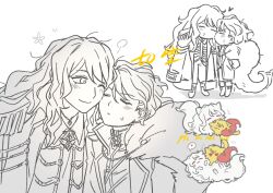  1boy 1girl animalization blush cat closed_eyes coat coat_on_shoulders don_quixote_(project_moon) greyscale grooming heart highres jacket kiss kneading_(behavior) lapels licking limbus_company monochrome notched_lapels ohzv project_moon puff_of_air sancho_(project_moon) short_hair spoken_heart 