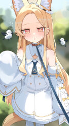  1girl absurdres animal_ear_fluff animal_ears bare_shoulders bird blonde_hair blue_archive blurry blush bow collar dress extra_ears fox_ears highres loli long_hair looking_at_viewer open_mouth outdoors pet_play red_eyes seia_(blue_archive) seulpeunna solo sweat tail very_long_hair white_bow white_dress yellow_bow yellow_pupils 