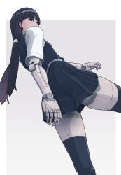  1girl android black_eyes black_hair black_skirt black_thighhighs blunt_bangs female_focus highres joints low_ponytail original ponytail robot_joints skirt solo sukabu thighhighs walking zettai_ryouiki  rating:Sensitive score:18 user:Dweenie