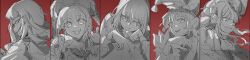  5girls absurdres ave_mujica_(bang_dream!) bang_dream! bang_dream!_it&#039;s_mygo!!!!! bow commentary greyscale_with_colored_background hachibousei_dance_(bang_dream!) hair_bow hat highres incredibly_absurdres jester jester_cap jewelry long_hair long_image misumi_uika mortis_(bang_dream!) mortis_(persona)_(bang_dream!) multiple_girls multiple_rings open_mouth ring sidelocks togawa_sakiko upper_body wakaba_mutsumi wide_image yahata_umiri yuutenji_nyamu yzj21333 