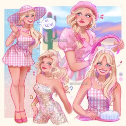  1girl artist_name barbie_(character) barbie_(franchise) barbie_(live_action) blonde_hair blue_eyes checkered_clothes checkered_dress checkered_hat dress english_text hat highres long_hair luztapiaart multiple_views one_eye_closed pink_dress pink_hat pink_shoes shoes sleeveless sleeveless_dress speech_bubble two-tone_dress two-tone_hat watermark white_dress white_hat 