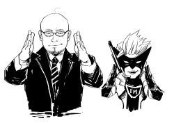  2boys absurdres bald blonde_hair formal_clothes glasses gloves greyscale highres kamiya_hideki mask monochrome multiple_boys nakamura_ikumi_(artist) necktie real_life suit the_wonderful_101 wonder_red 
