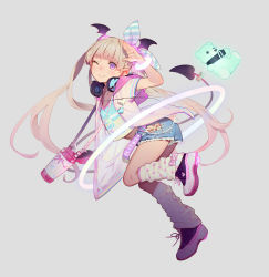 1girl ;) absurdres blonde_hair blue_shorts blunt_bangs closed_mouth demon_girl demon_tail full_body grey_background hand_up head_wings headphones headphones_around_neck highres loli long_hair looking_at_viewer muk_(monsieur) one_eye_closed original purple_eyes shoes shorts simple_background smile socks solo tail twintails white_shoes wings rating:Sensitive score:151 user:danbooru